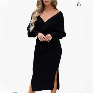 Flattering V Neck Sweater Dress Batwing